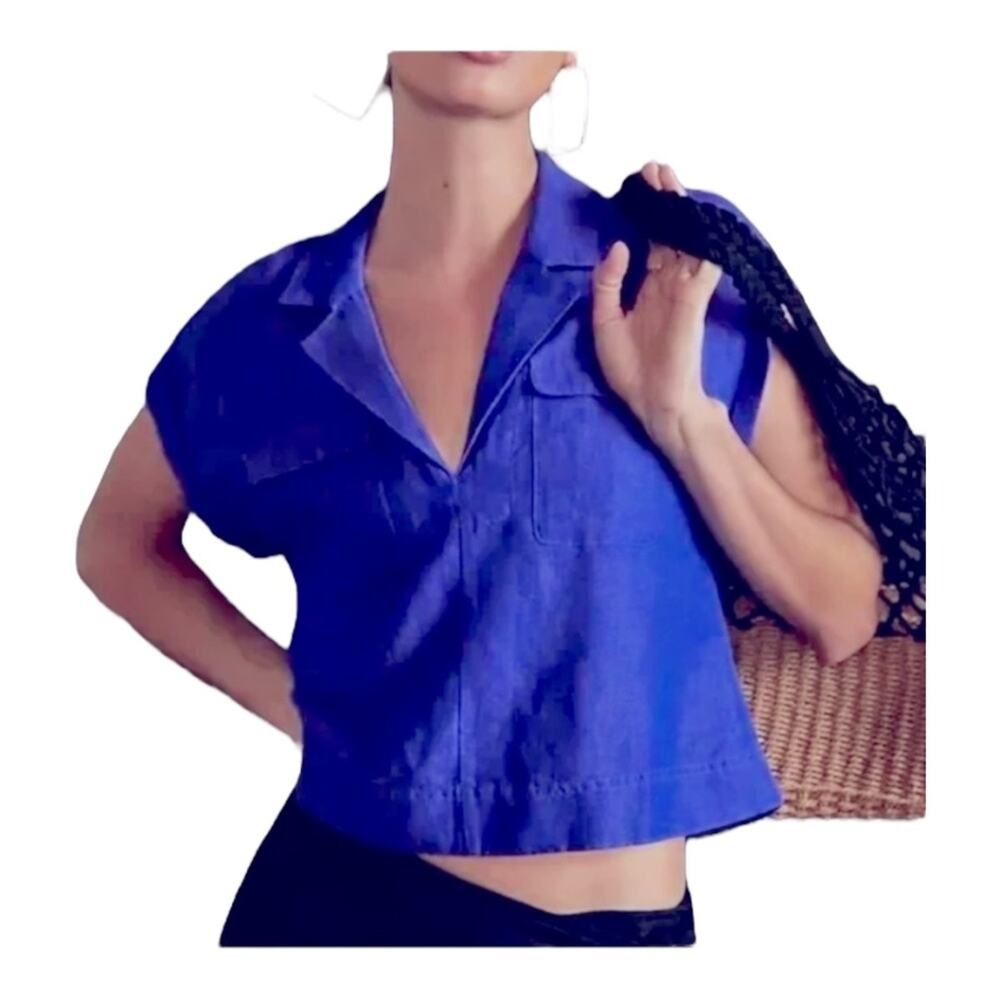Anthropologie Linen Blend Crop Utility Pocket Split V Neck Collared Top Size L